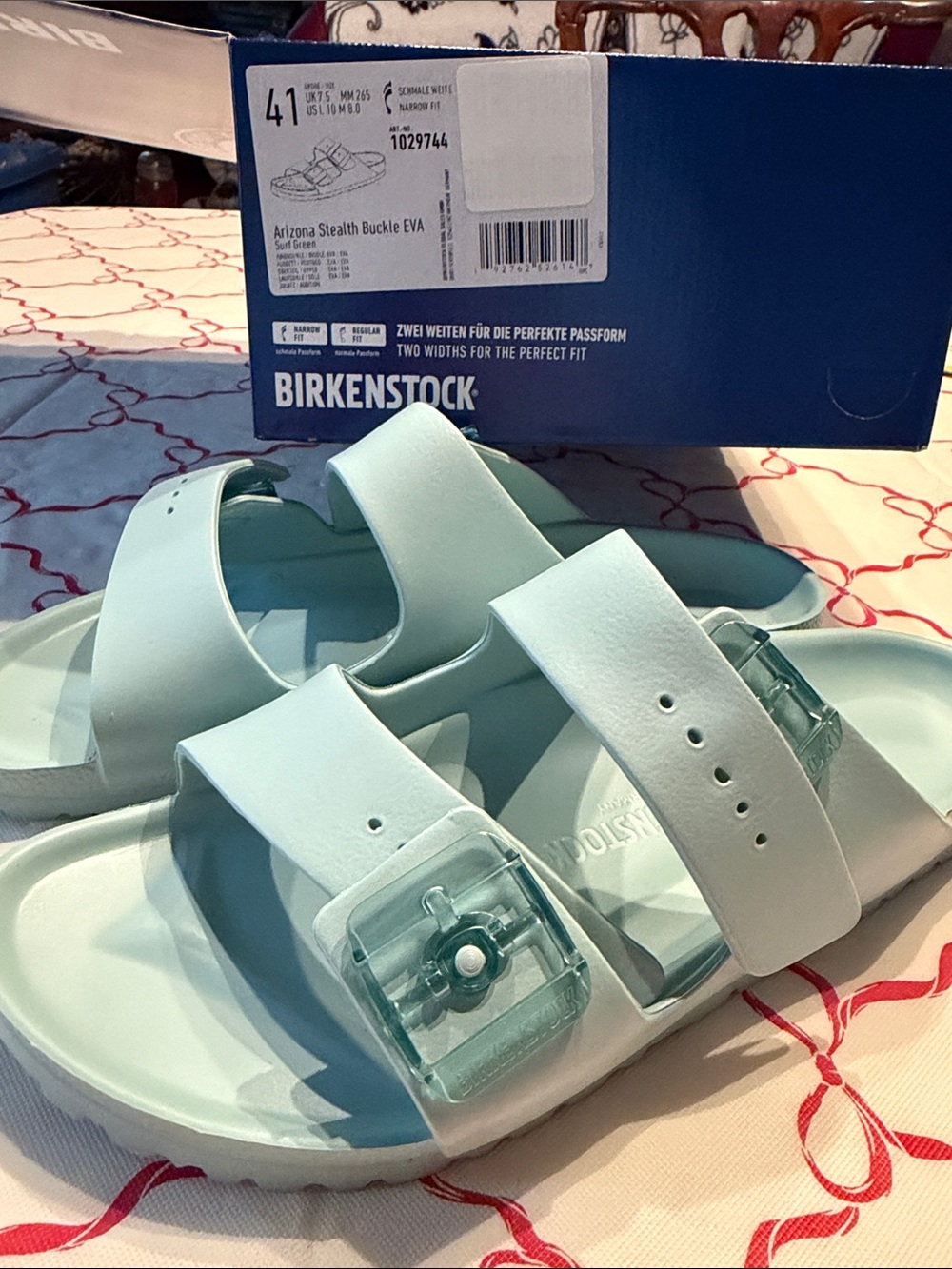 NWT Birkenstock Arizona EVA Sandals in Light Aqua green, never even buckled, box